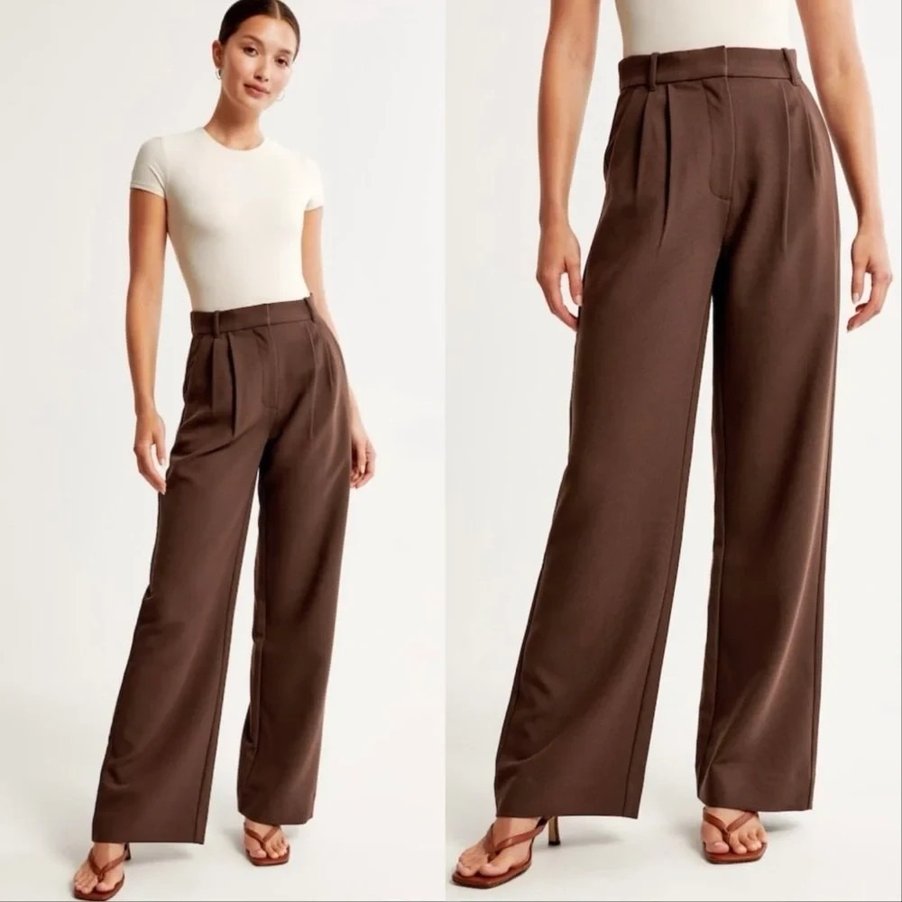 Abercrombie & Fitch Medium Long Tall Pants Sloane Brown Satin Wide Leg Pleated